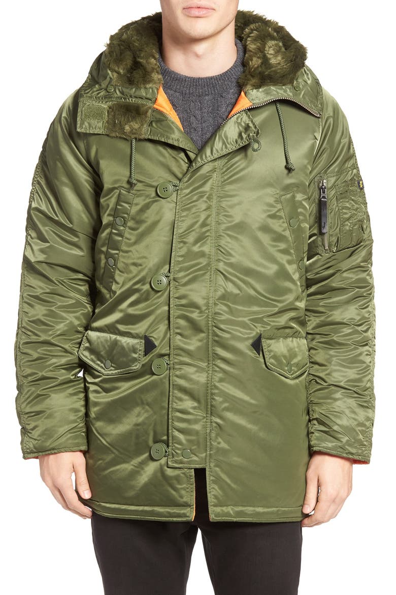 Slim Fit N-3B Parka, Alternate, color, SAGE/ ORANGE