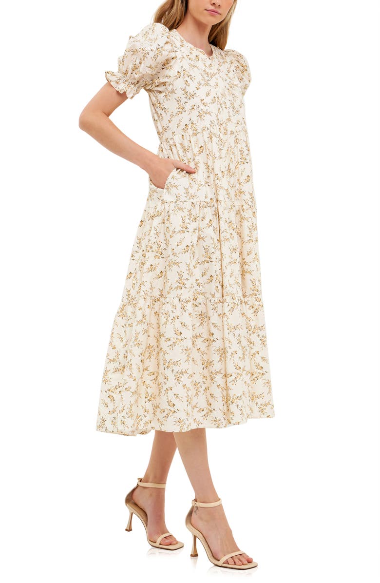 English Factory Floral Puff Sleeve Cotton Midi Dress, Alternate, color, 