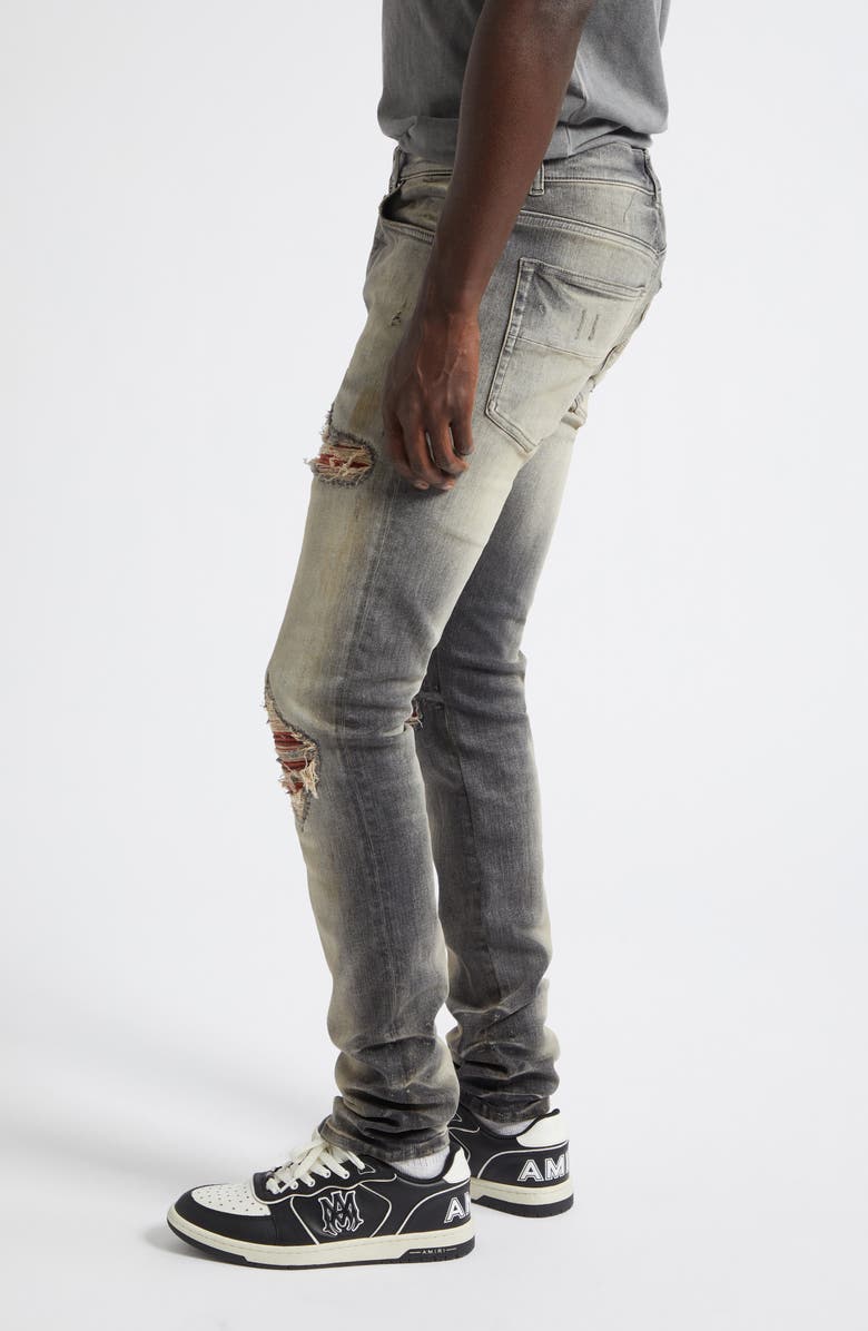 AMIRI MX1 Flannel Patch Ripped Skinny Jeans, Alternate, color, Perfect Antique Black
