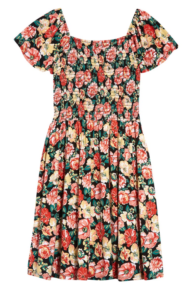 Kids' Sunny Smocked Knit Dress, Alternate, color, BLACK WILDFLOWER