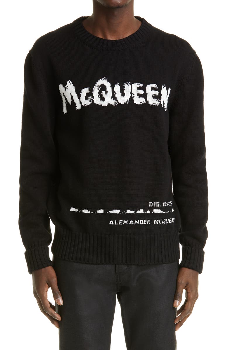 McQueen Alexander McQueen Graffiti Logo Intarsia Organic Cotton Sweater, Main, color,