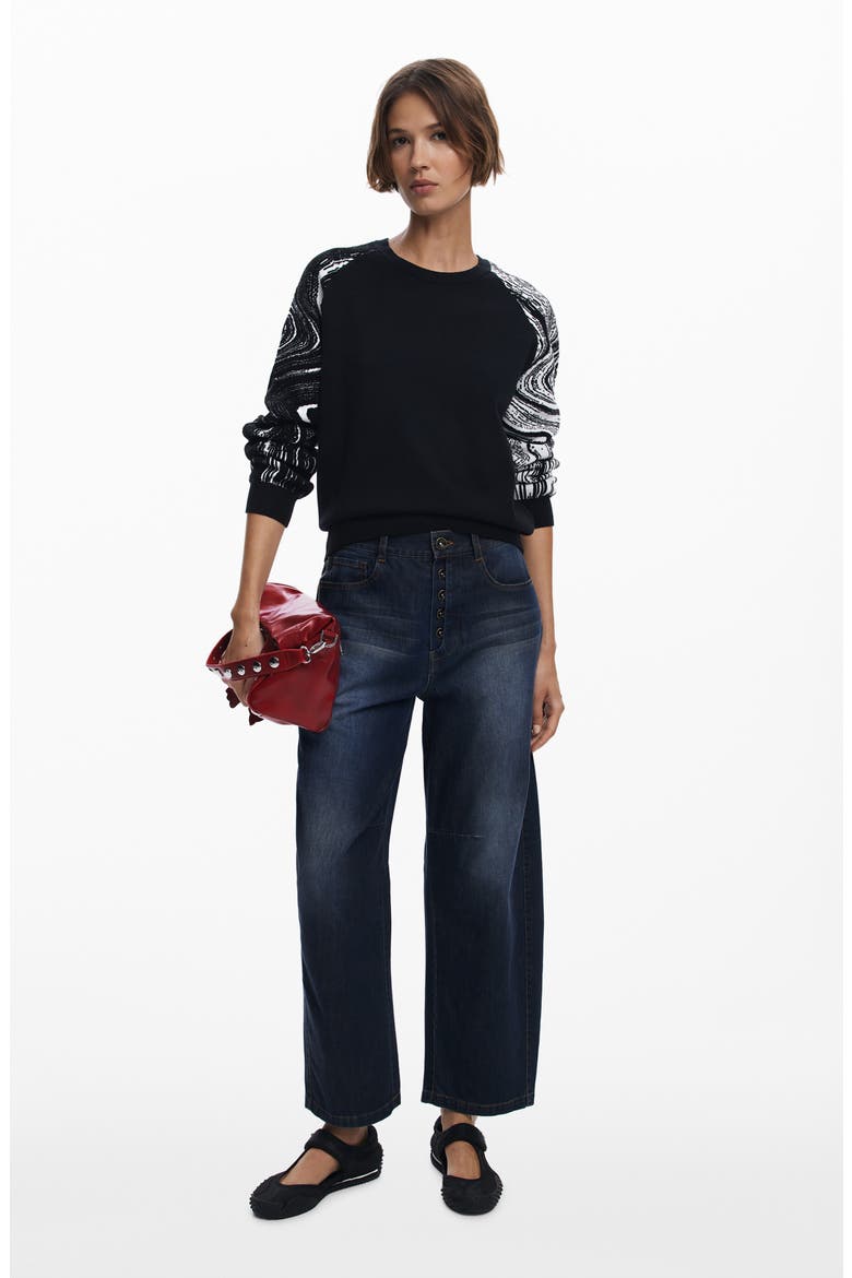 Swirl Raglan Sleeve Crewneck Sweater, Alternate, color, BLACK