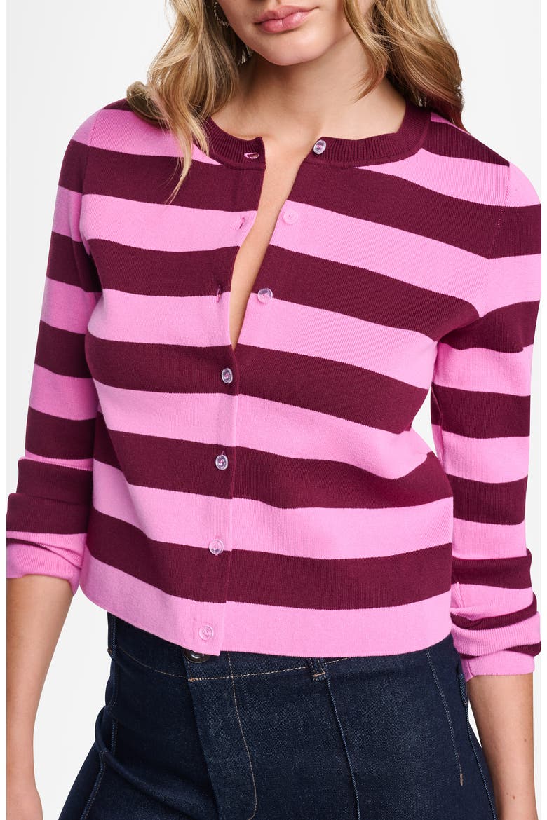 Striped Crewneck Cardigan, Alternate, color, CLARET/ TAF
