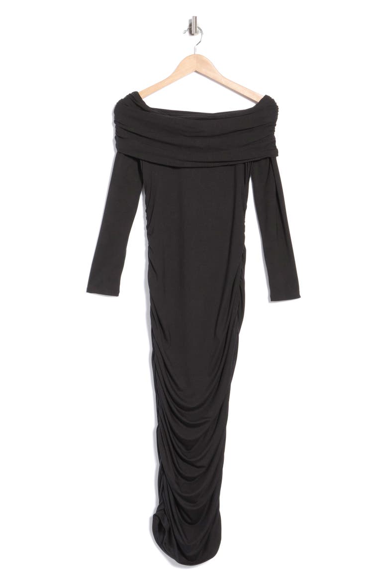 Tinette Ruched Off the Shoulder Midi Dress, Main, color, BLACK