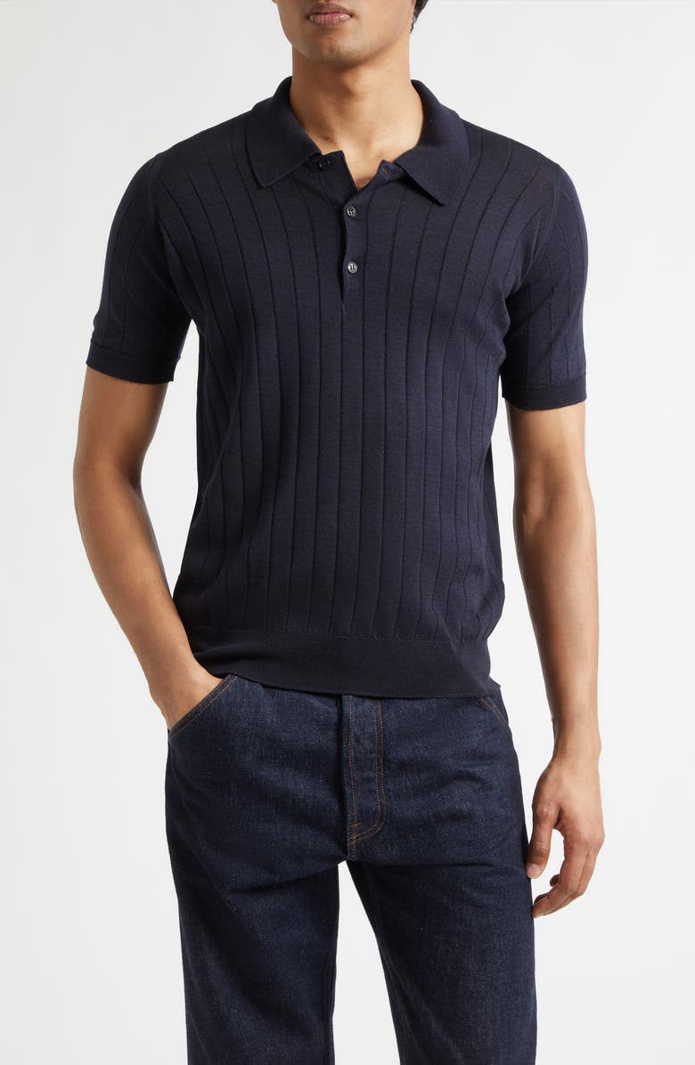 John Smedley Williams Merino Wool & Cotton Polo Sweater, Main, color, Navy
