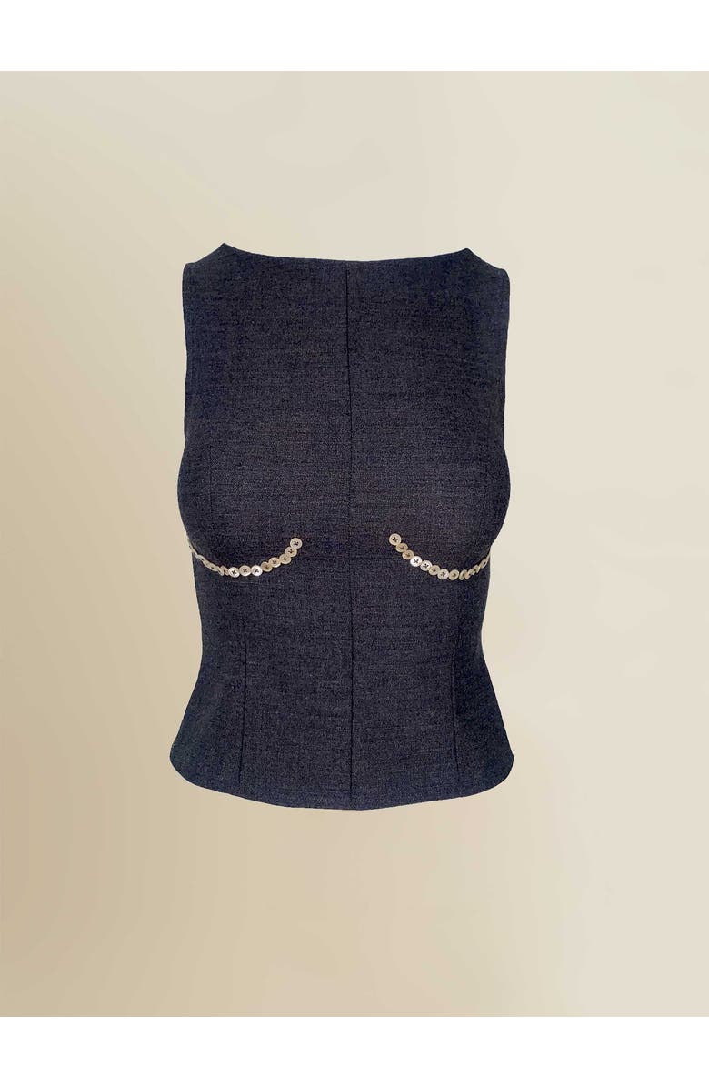 Contessa Mills Cora Elegant Textured Twill Boatneck with Shell Buttons Top, Main, color, Charcoal