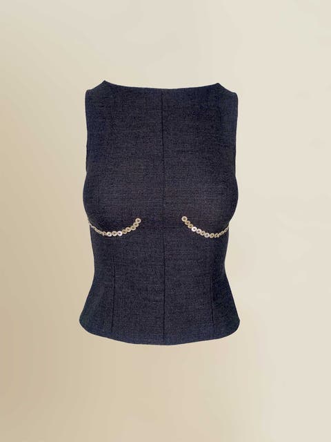 Cora Elegant Textured Twill Boatneck with Shell Buttons Top