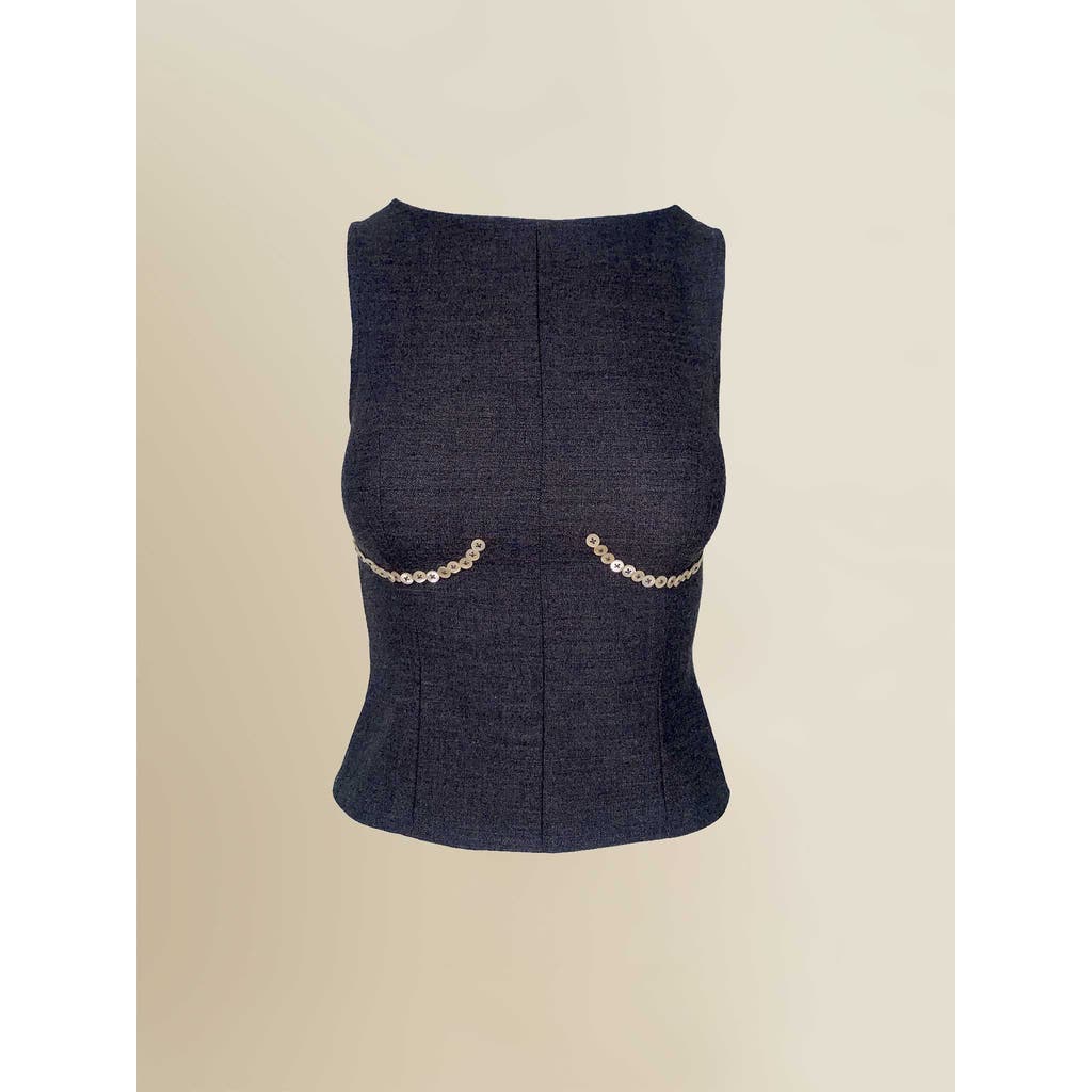 Contessa Mills Cora Elegant Textured Twill Boatneck With Shell Buttons Top In Blue