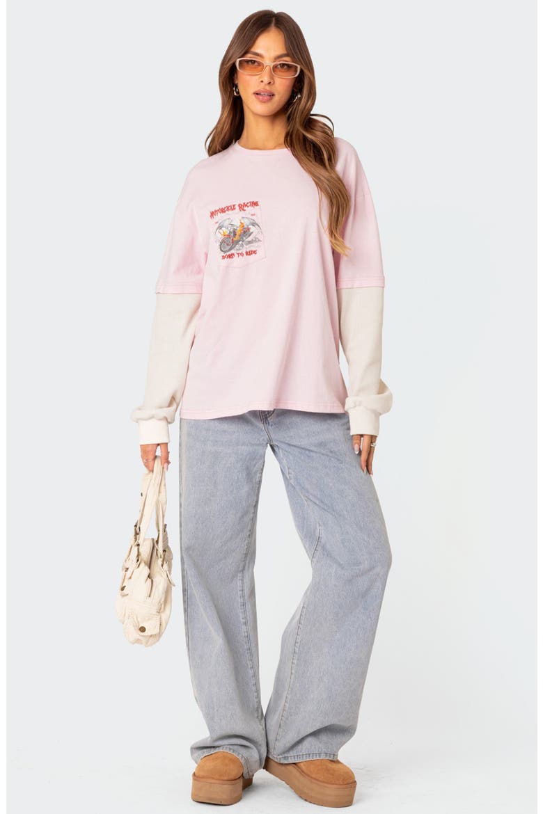 Racing Oversize Mixed Media Long Sleeve Cotton Graphic T-Shirt, Alternate, color, LIGHT-PINK