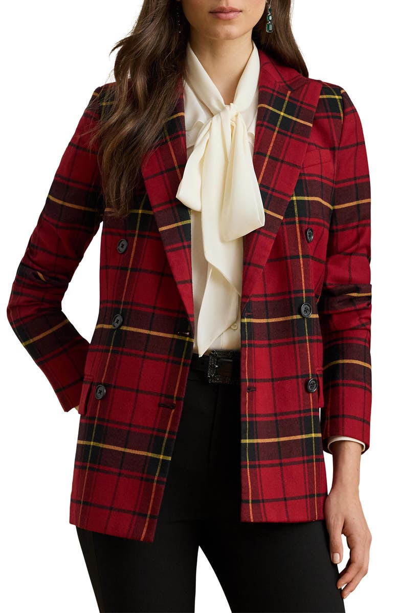 Lauren Ralph Lauren Plaid Double Breasted Wool Blend Blazer, Main, color, Red/ Black/ Yellow Multi