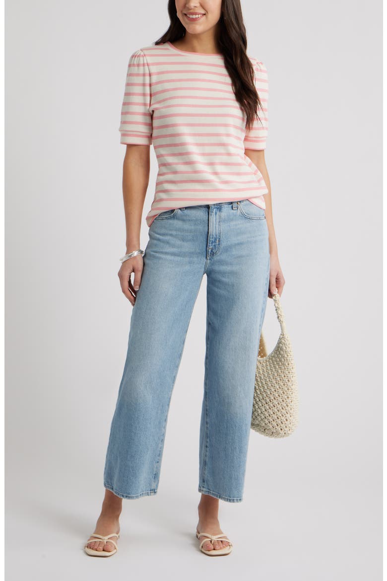 Stripe Elbow Sleeve Cotton Knit Top, Alternate, color, IVORY- PINK SENA STRIPE