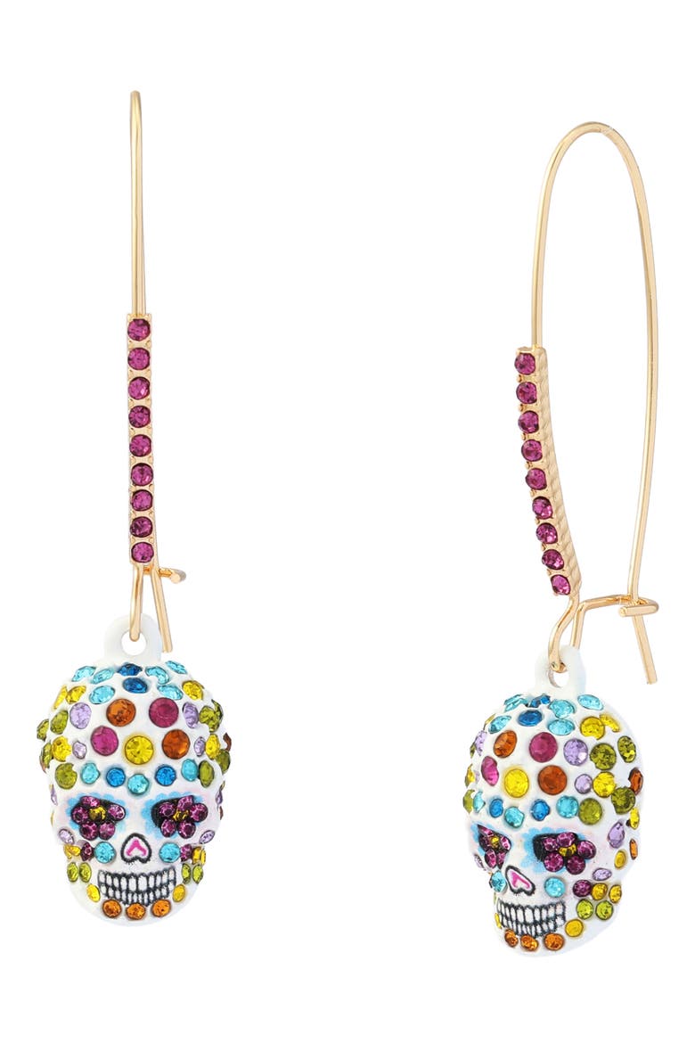 Sugar Skull Shepard Hook Drop Earrings, Main, color, GOLD/ MULTI