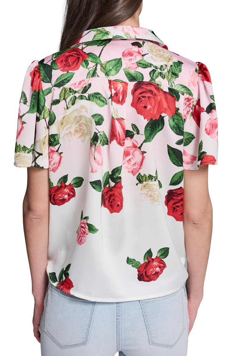 KARL LAGERFELD PARIS Rose Tie Front Button-Up Shirt, Alternate, color, Cornelia Rose/ Sft Wht Multi