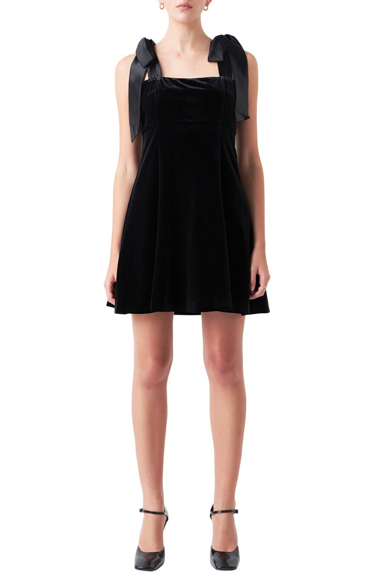 Endless Rose Tie Shoulder Velvet Minidress, Main, color, Black