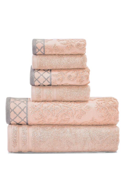 Embellished Border Damask Jacquard Towel 6-Piece Set - Grey