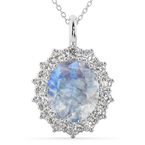 Oval Moonstone & Diamond Halo Pendant Necklace 14k
