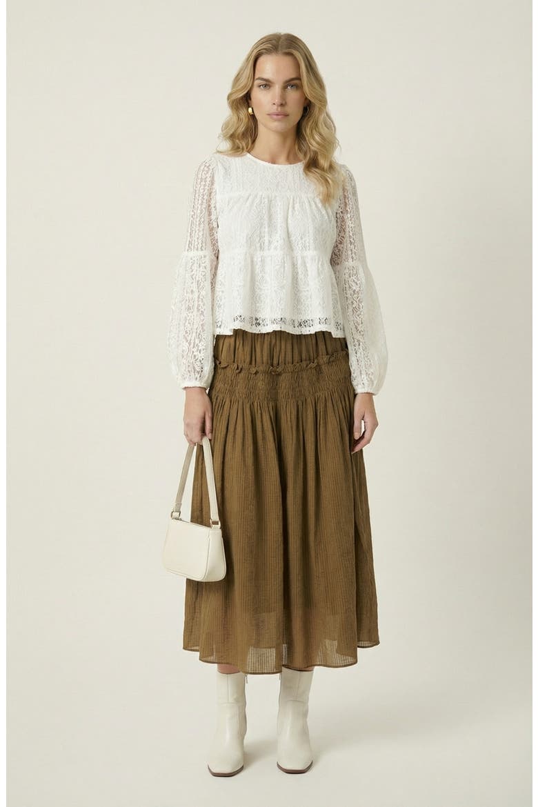 Smocked Tiered Ruffle-Trim Flowy Maxi Skirt, Alternate, color, Olive Green