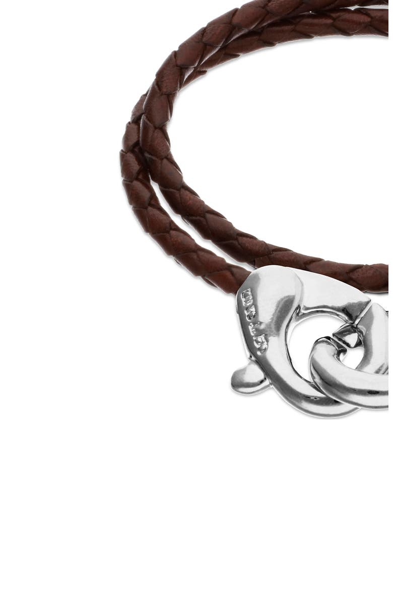 Brown double leather strap with sterling silver-plated interlocking carabiner detail, Alternate, color, Silver