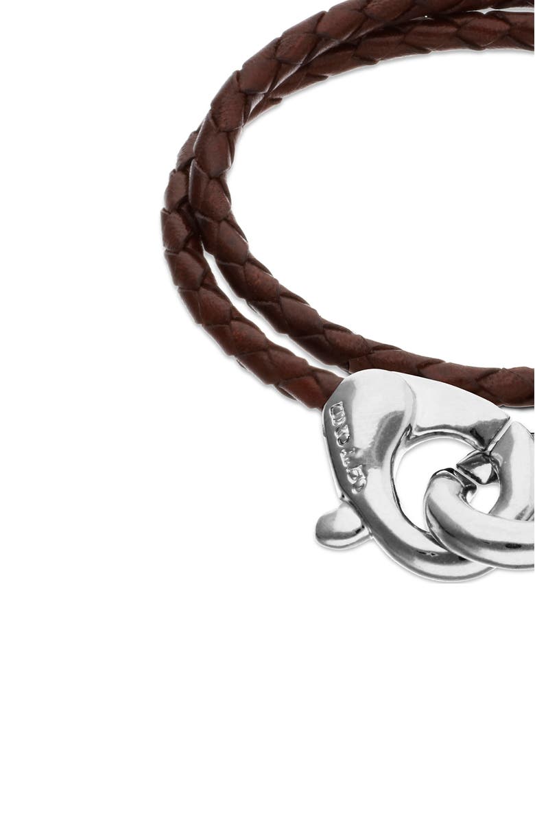 UNODE50 Brown double leather strap with sterling silver-plated interlocking carabiner detail, Alternate, color, Silver