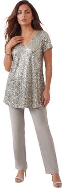 Roaman's Plus Size 2 Piece S/S Sequin Top And Pant Set