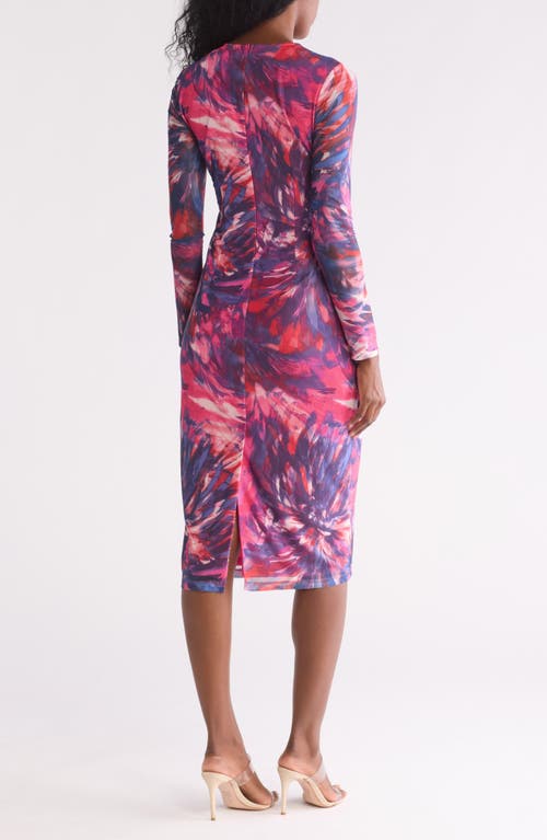 Vince Camuto Ruched Mesh Long Sleeve Dress In Pink Multi