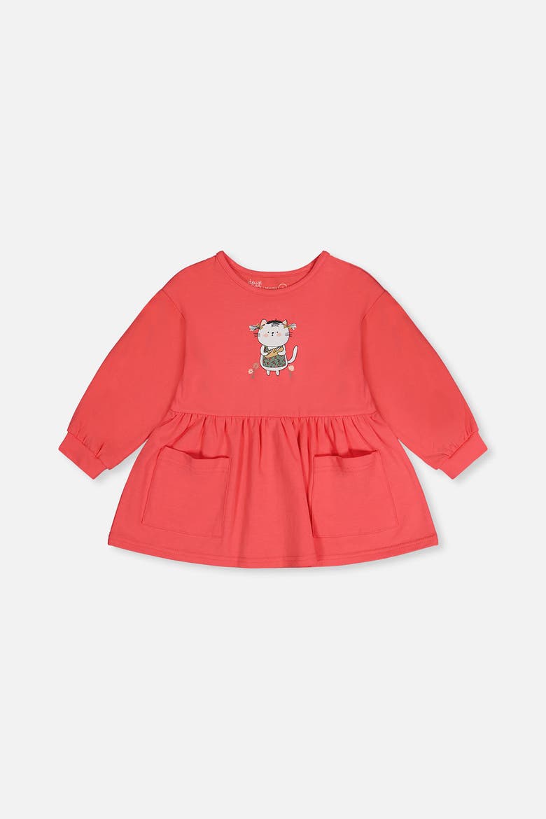 Organic Cotton Cat Patch Pocket Gathered Tunic, Main, color, Coral Pink