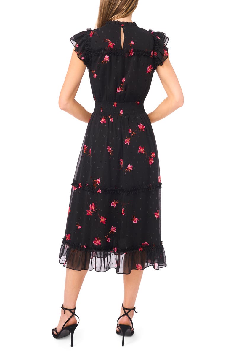 CeCe Floral Flutter Sleeve Smocked Midi Dress, Alternate, color, Rich Black