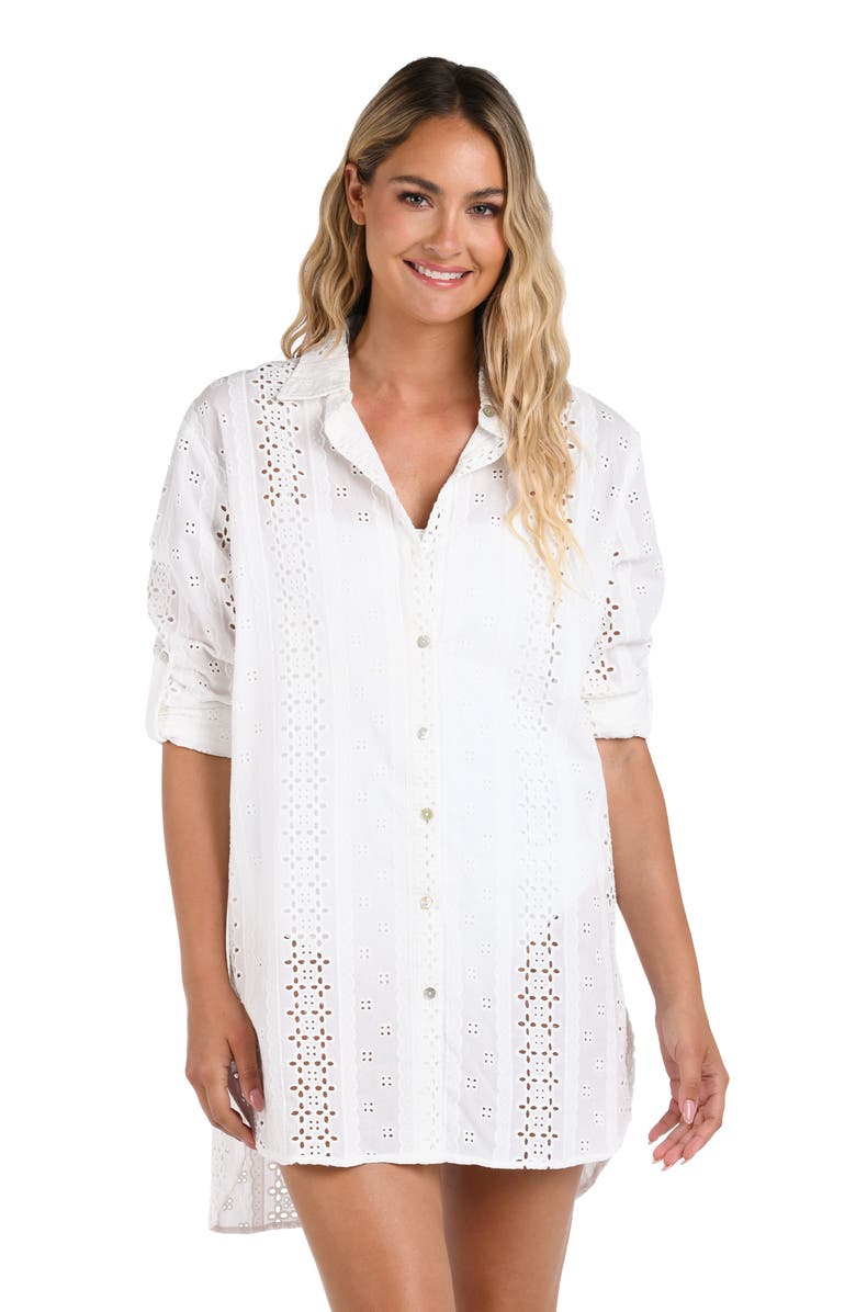 La Blanca Eyelet Cotton Cover-Up Tunic, Alternate, color, Ivory