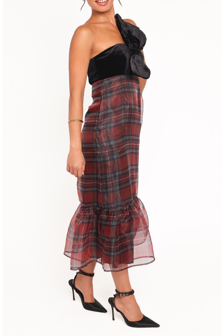 Amelie Bow Velvet & Organza Maxi Dress, Alternate, color, RED PLAID