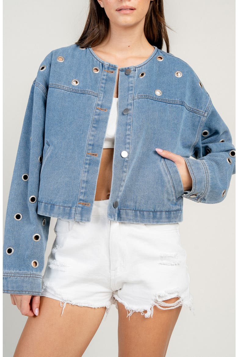 Grommet Denim Jacket, Alternate, color, MID BLUE