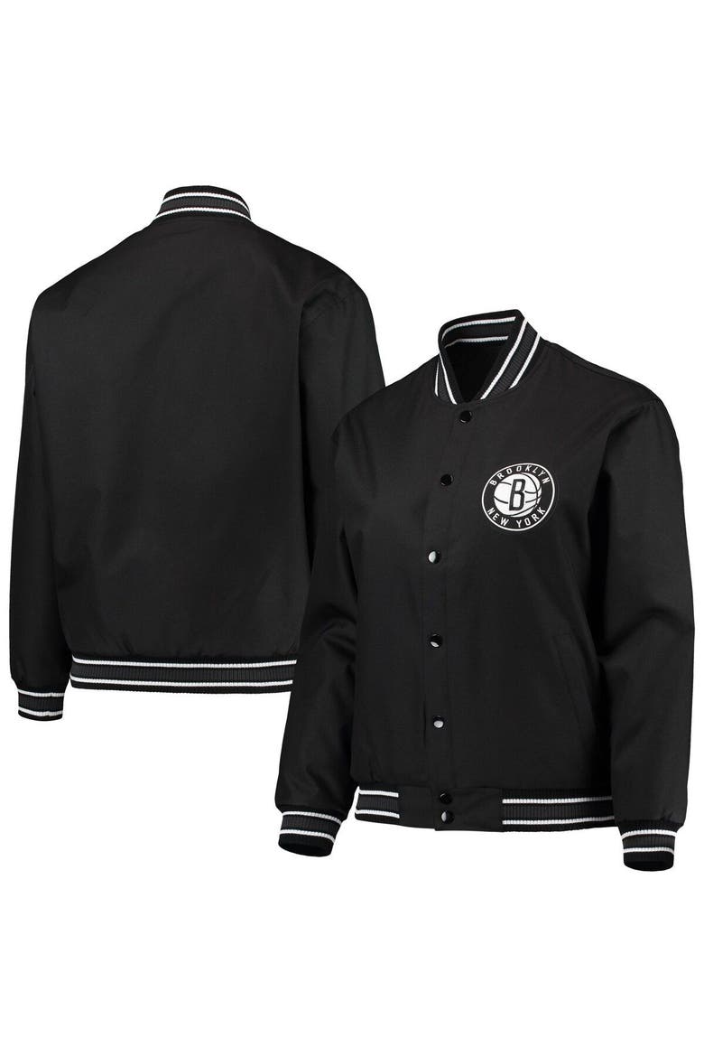 Women's JH Design Black Brooklyn Nets Plus Size Poly Twill Full-Snap Jacket, Main, color, Black