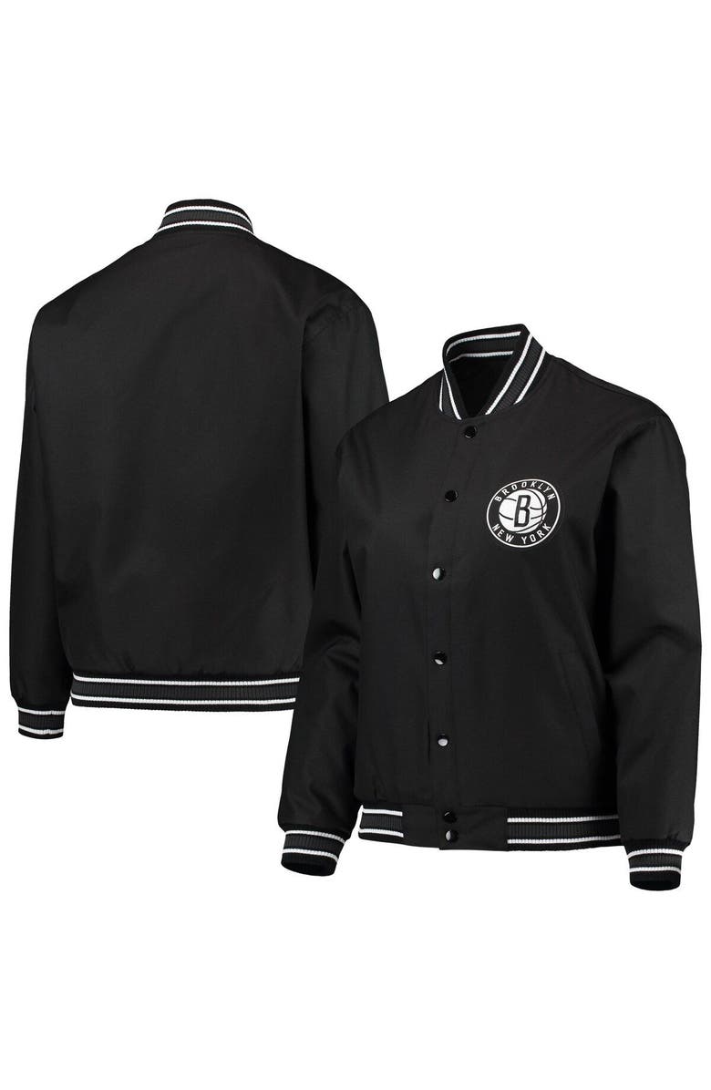 JH DESIGN Women's JH Design Black Brooklyn Nets Plus Size Poly Twill Full-Snap Jacket, Main, color, Black