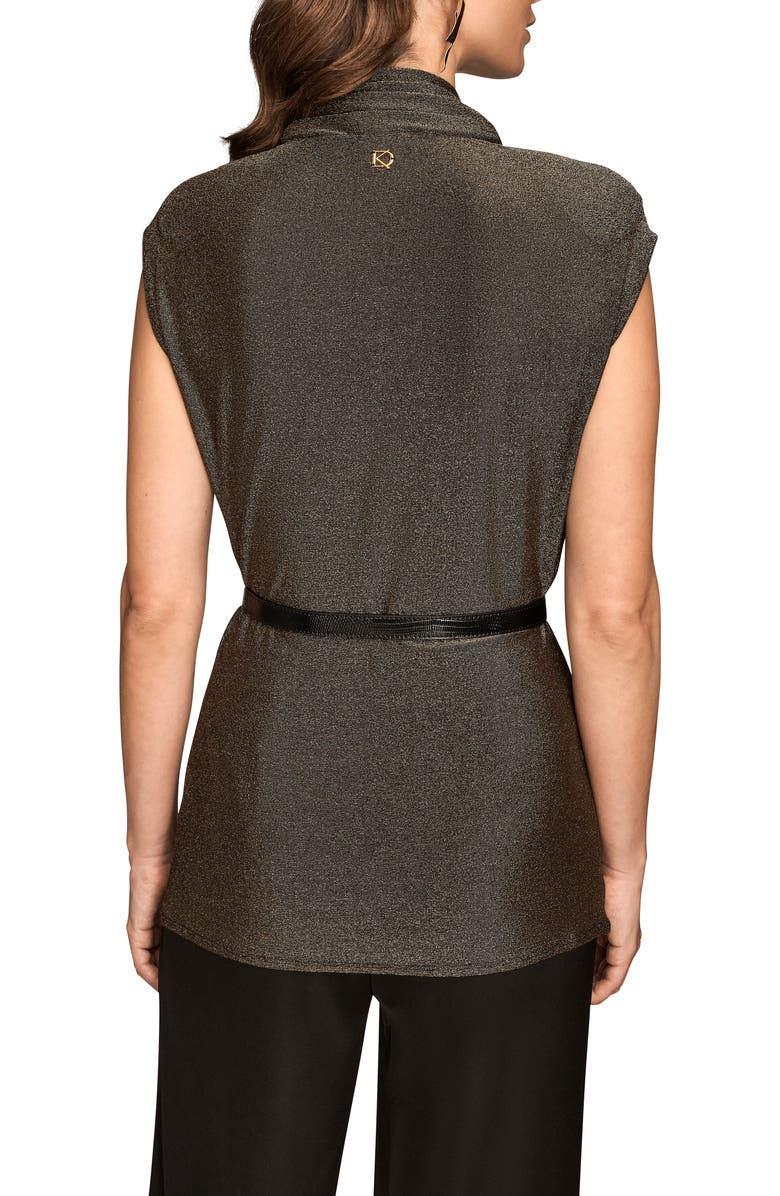 Donna Karan New York Ruched Metallic Belted Mock Neck Top, Alternate, color, Black/ Gold