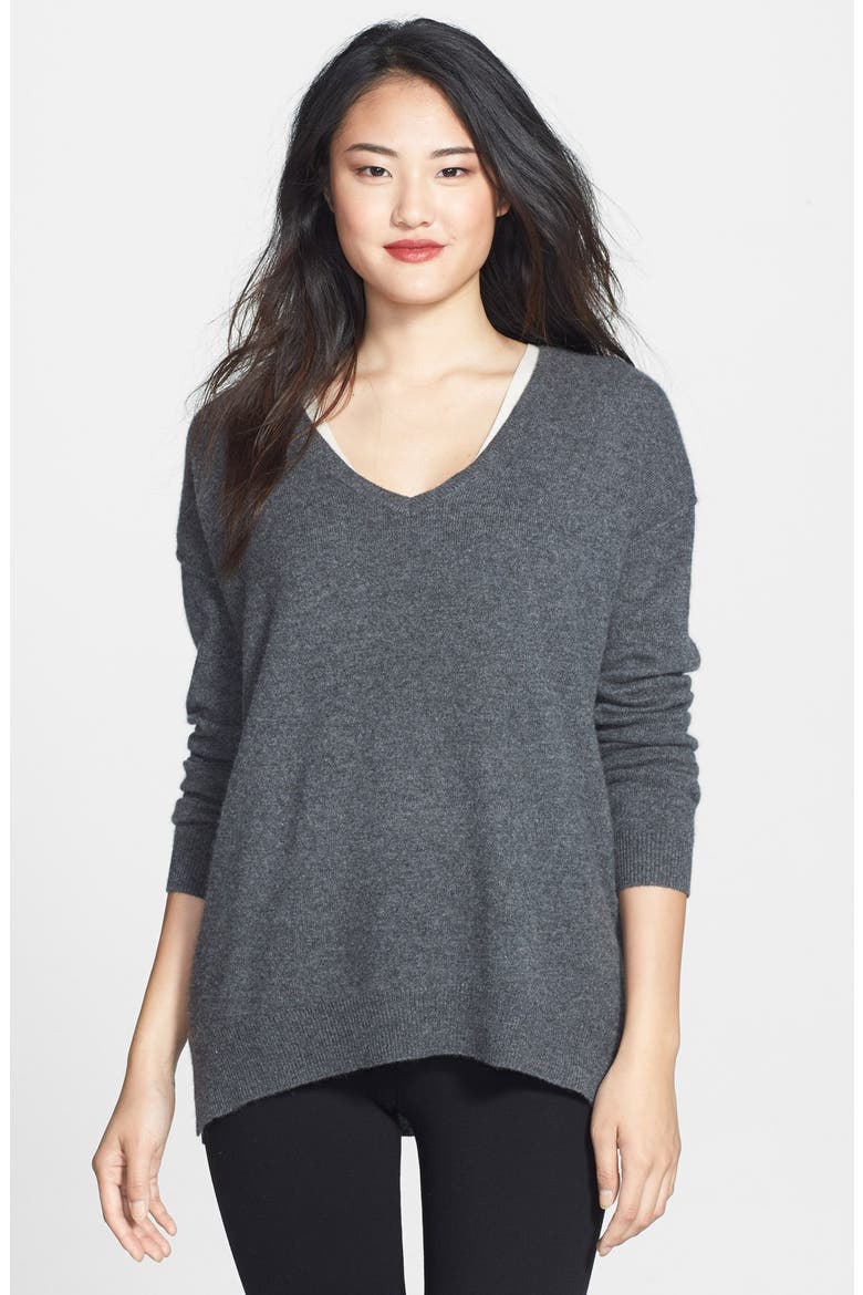 High/Low Cashmere V-Neck Tunic, Alternate, color, HEATHER CHARCOAL
