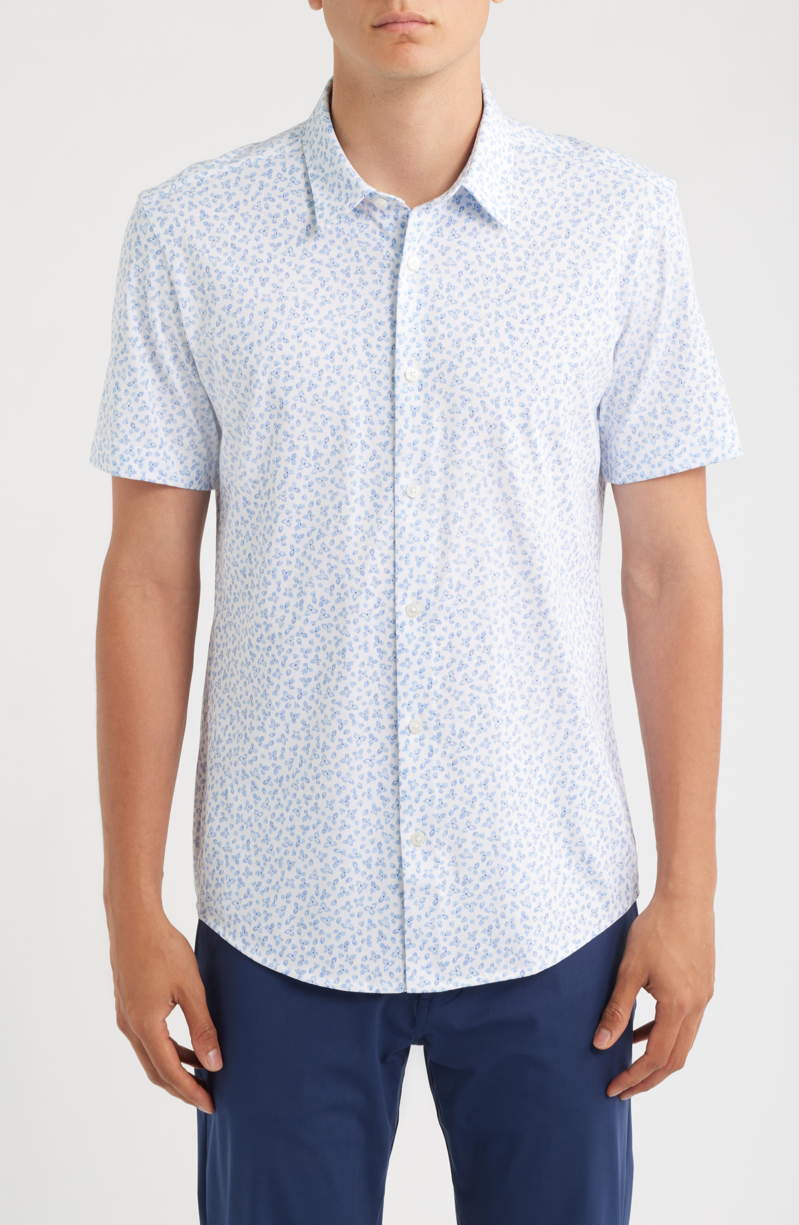 Hugo Boss Boss Roan Print Button-up Cotton Blend Shirt In Blue