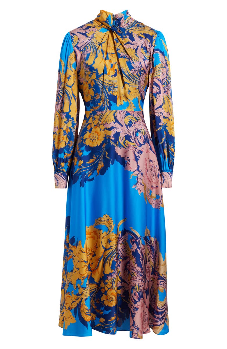 Elie Tahari The Raquel Placed Floral Long Sleeve Silk Blend Dress, Main, color, Ribbon Scroll Print