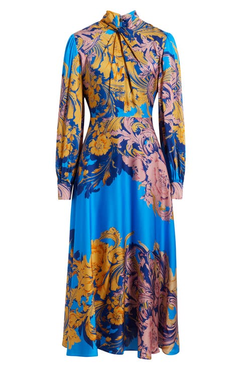 The Raquel Placed Floral Long Sleeve Silk Blend Dress