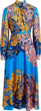 Elie Tahari The Raquel Placed Floral Long Sleeve Silk Blend Dress