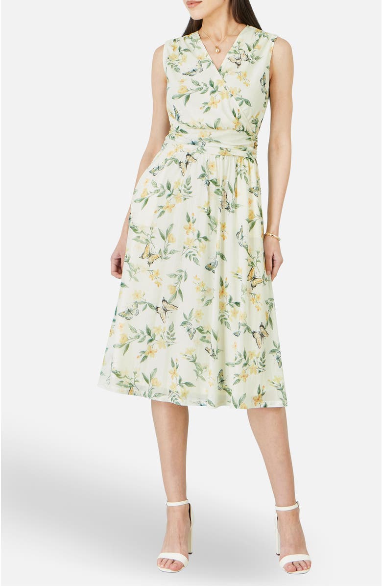 Yumi Floral Print Mesh Stretch Midi Dress, Alternate, color, Ivory