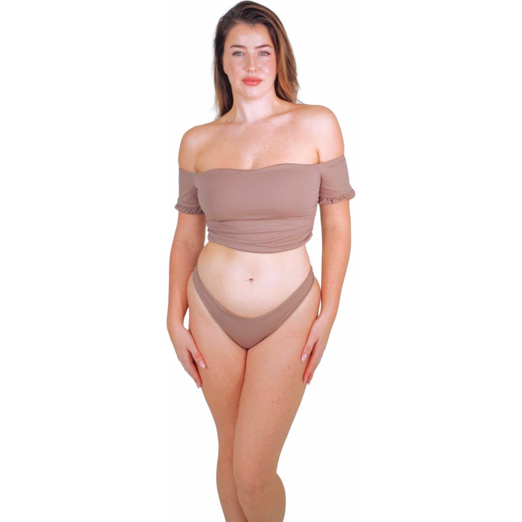 Mary Mercedes Cali Off-The-Shoulder Bikini Crop Top With Short Sleeves in Taupe  product