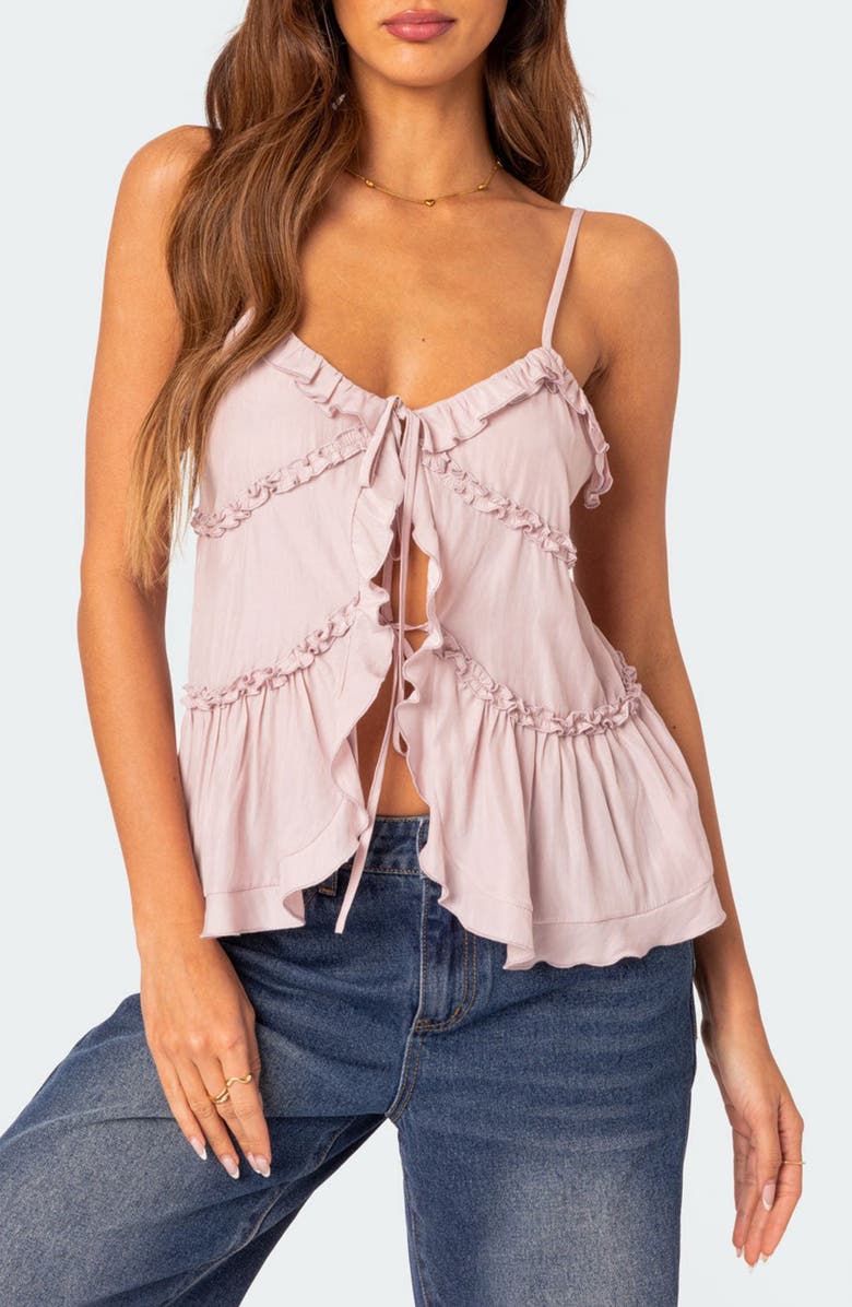 EDIKTED Juniper Ruffle Tie Front Camisole, Main, color, Pink