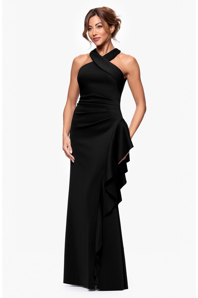 Ruffle Scuba Knit Gown, Alternate, color, BLACK