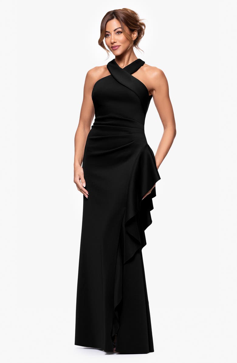 Xscape Evenings Ruffle Scuba Knit Gown, Alternate, color, Black