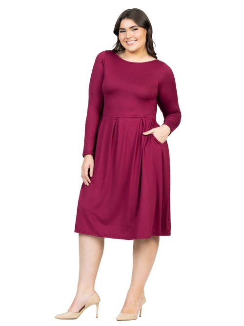 24seven Comfort Apparel Long Sleeve Fit And Flare Midi Dress In Burgundy