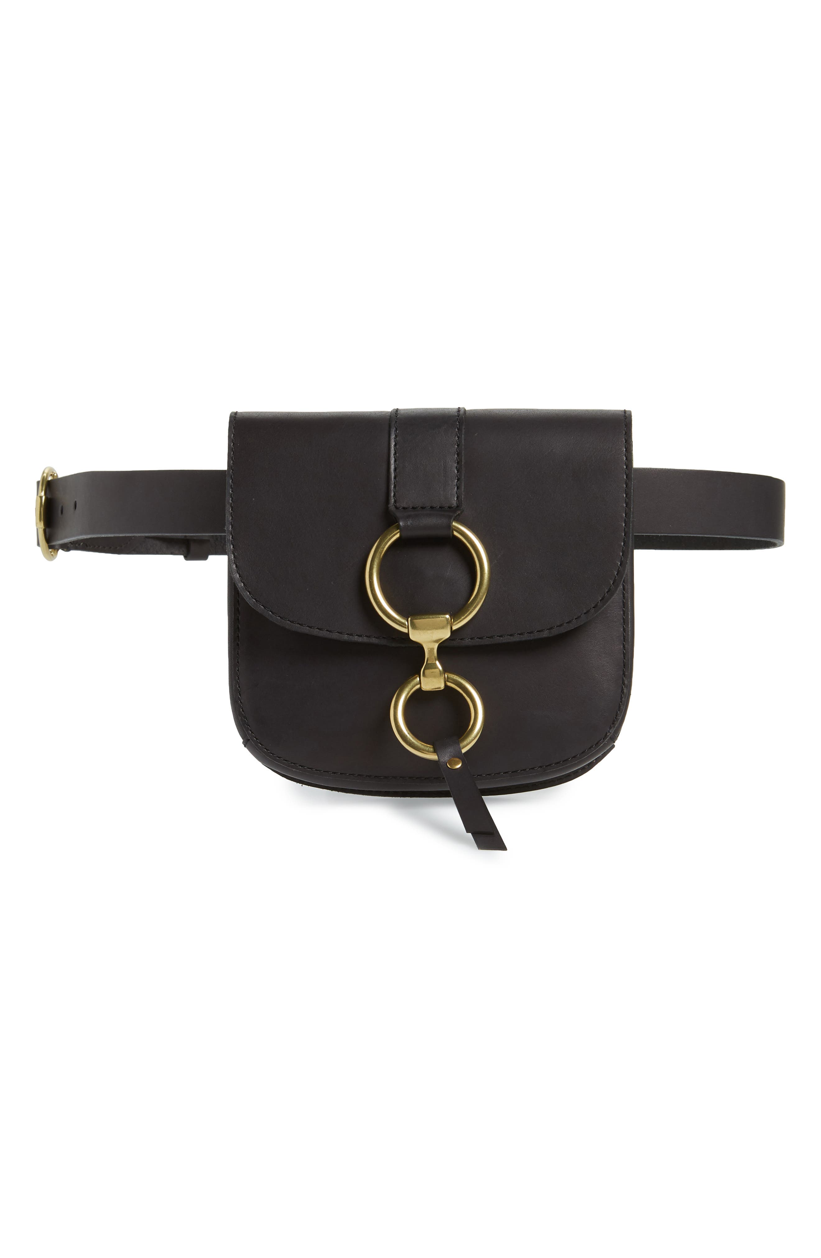 Leather Belt Bag, Main, color, BLACK/ ECRU STITCH