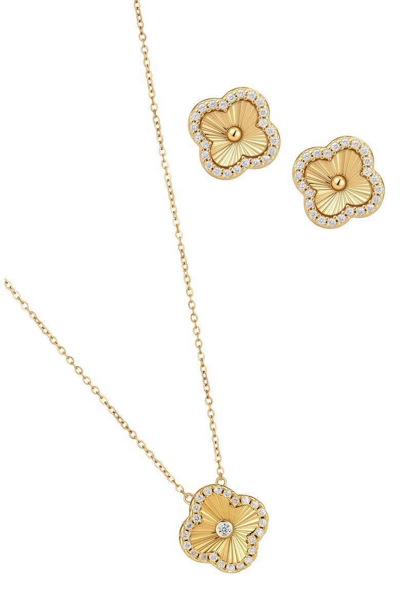 Cubic Zirconia Halo Fluted Pendant Necklace & Earrings Set, Alternate, color, GOLD