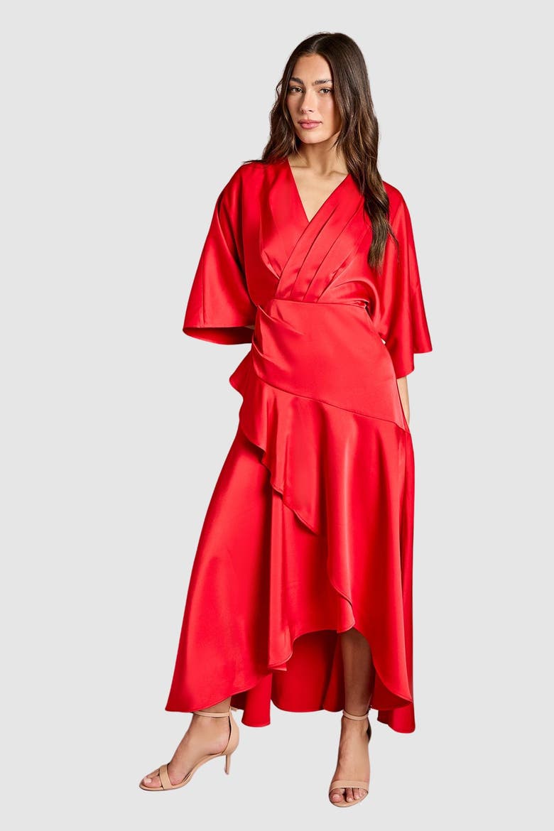 Satin Back Crepe Ruffle Wrap Midi Dress, Main, color, Flame Red