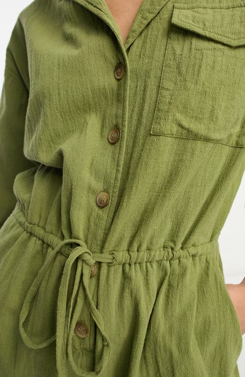 Asos Design Slouchy Linen Look Shirt Romper With Long Sleeve In Olive-green In Brown