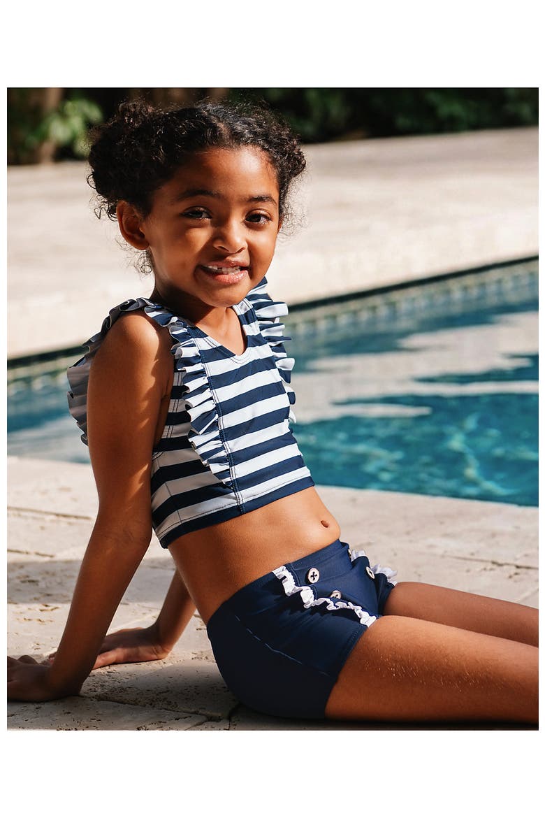 Girls Chlorine Resistant Ruffle Tankini Swimsuit Set, Main, color, Deep Sea Navy Stripes