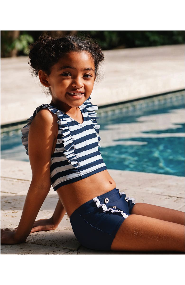 Lands' End Girls Chlorine Resistant Ruffle Tankini Swimsuit Set, Main, color, Deep Sea Navy Stripes